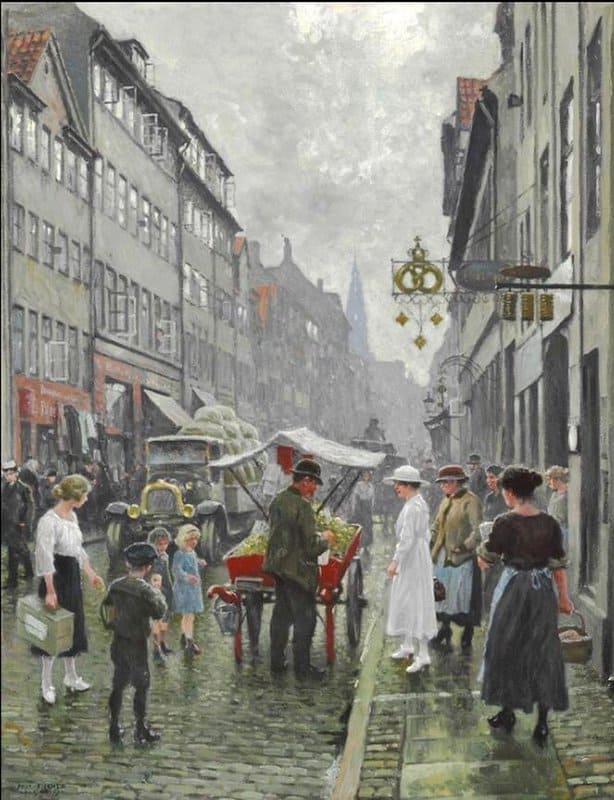 Fischer Paul Folk Life In Borgergade With A Man Selling Apples From A Red Cart canvas print