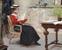 فيشر بول للداخلية مع فتاة صغيرة تقرأ لوحة قماشية عام 1902