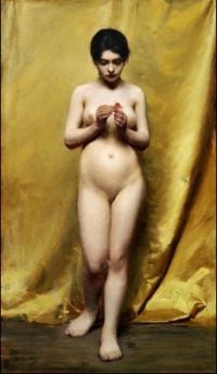 فيشر بول عارية مع زهرة حمراء في يدها تقف أمام لوحة قماشية ستارة صفراء