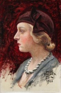 Fischer Paul Porträt einer jungen Frau mit bordeauxrotem Hut 1933