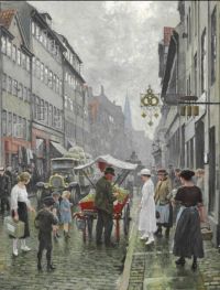 فيشر بول ستريت لايف في بورجيد في كوبنهاغن مع رجل يبيع التفاح من عربة حمراء مطبوعة عام 1919