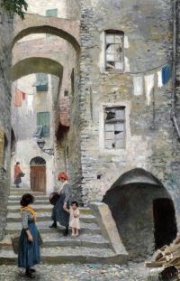 Fischer Paul Street View From San Remo With Women And Children On A Stairway
