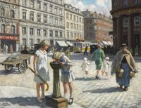 منظر الشارع فيشر بول من Trianglen في كوبنهاغن في يوم صيفي حار طباعة قماشية