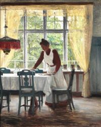 فيشر بول ، الخادمة تضع الطاولة في طباعة قماش الرسام S Home Sofievej In Hellerup 1901