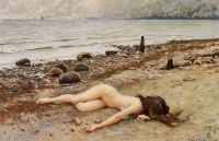 فيشر بول الحطام. فتاة عارية شابة مستلقية على قماش مطبوع على الشاطئ