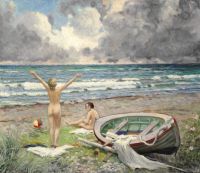 Fischer Paul Two Bathing Girls By A Boat On The Beach. A Gathering Storm