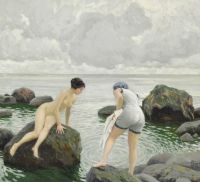 Fischer Paul zwei badende Frauen an einer felsigen Küste