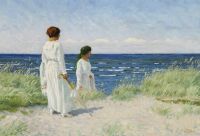 Fischer Paul zwei junge Mädchen in leichten Sommerkleidern am Strand von Hornb K