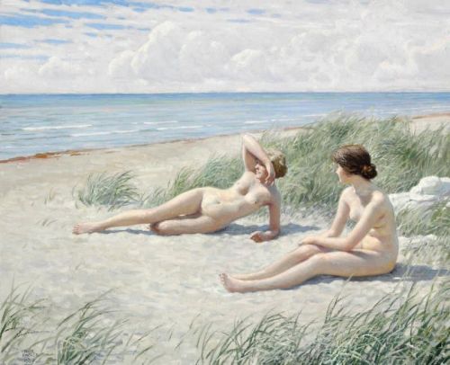 Fischer Paul Two Young Women Lying On Hornb K Beach Enjoying The Sun 1916 canvas print