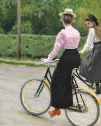 فيشر بول فتاتان تقومان برحلة على دراجتيهما يوم صيفي مطبوعة على القماش