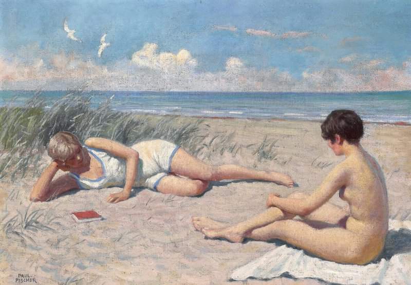 Fischer Paul Two Young Women Sunbathing On The Beach canvas print