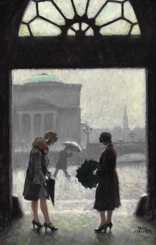 Fischer Paul View From Ved Stranden In Copenhagen With Two Women Sheltering From The Rain. In The Background Christiansborg Slotskirke The Palace Church canvas print