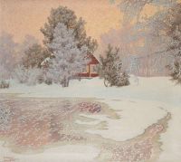 Fjaestad Gustaf Winter Landscape مع كوخ أحمر