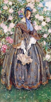 Fortescue Brickdale Eleanor viktorianische Dame, die vor einem großen Rhododendron steht