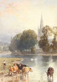 Foster Myles Birket Rinderbewässerung am Fluss mit Kirche dahinter