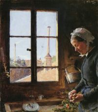 Friant Emile Porträt seiner Mutter, die eine Rübe vor einem Fenster schält