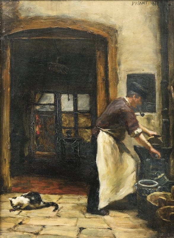 Tableaux sur toile, riproduzione de Friant Emile il macellaio con la pipa e il gatto 1878