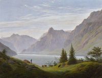 Paesaggio di Friedrich Caspar David con la mattina del lago di montagna