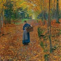 Friedrich Kallmorgen Mujer recogiendo madera en un bosque de otoño 1893