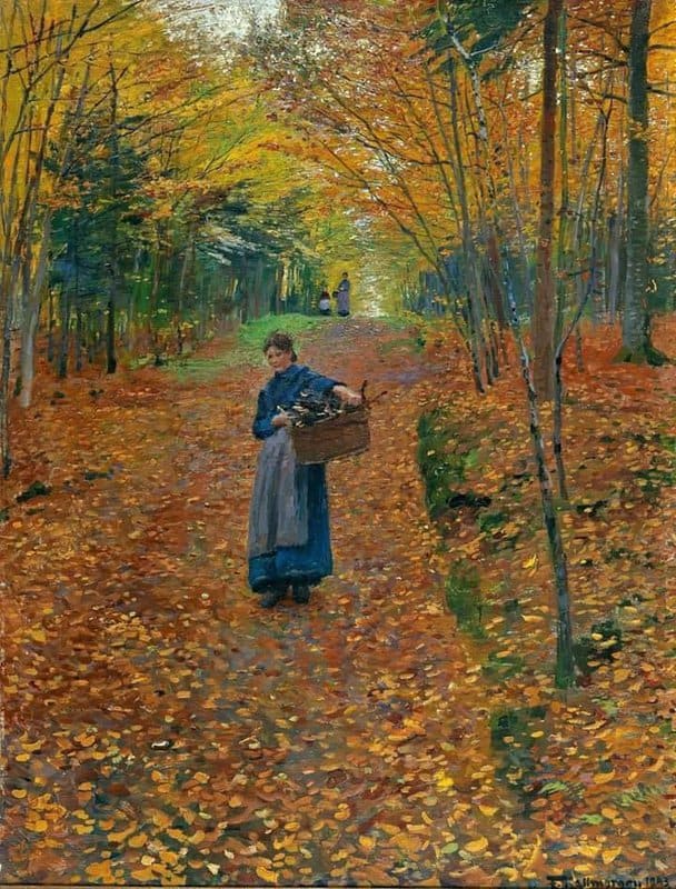 Tableaux sur toile, reproduction de Friedrich Kallmorgen Woman Gathering Wood In An Autumn Wood 1893