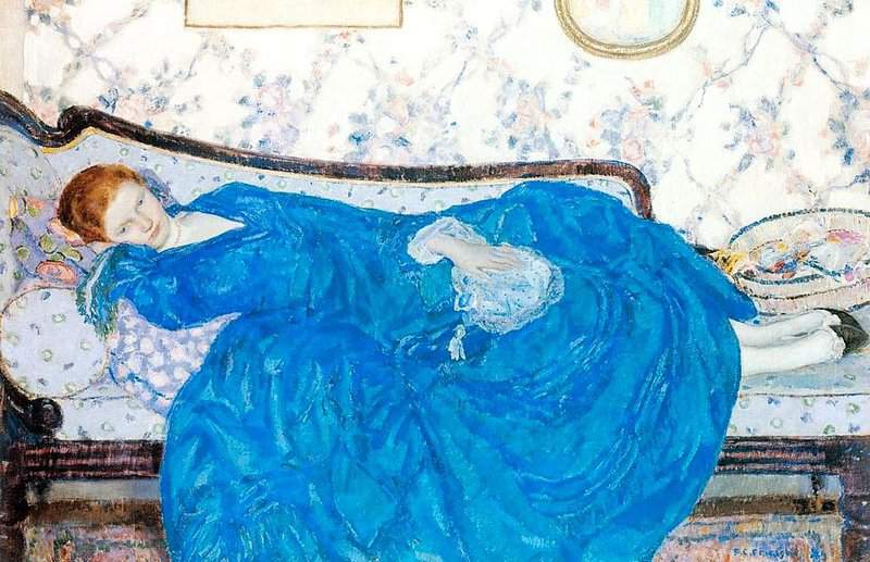 タブロー・シュル・トワル、Frieseke Frederick Carl The Blue Gown Ca の複製。 1917年