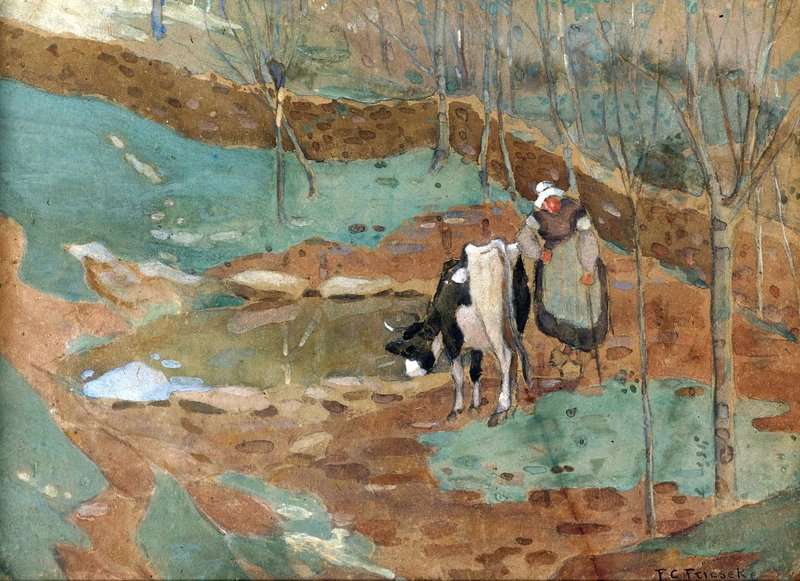 タブロー シュル トワル、フリーゼケ フレデリック カールの複製画 風景の中の女性と牛 1898 年