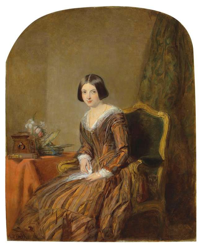 タブロー・シュル・トワル、フリス・ウィリアム・パウエルの複製画 茶色の絹のドレスを着た女性の肖像