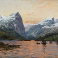 Frithjof Smith-hald paisaje con montañas y barcos