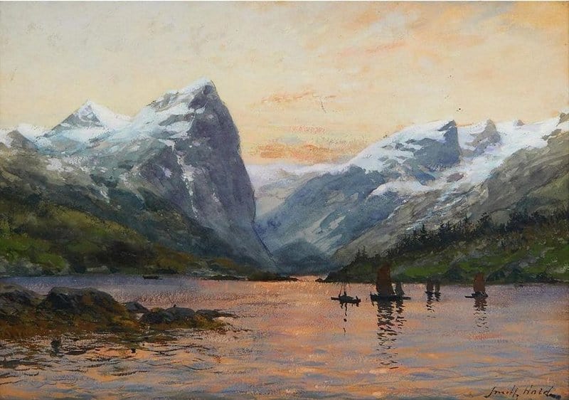 Tableaux sur toile, reproduction de Frithjof Smith-hald Landscape With Mountains And Boats