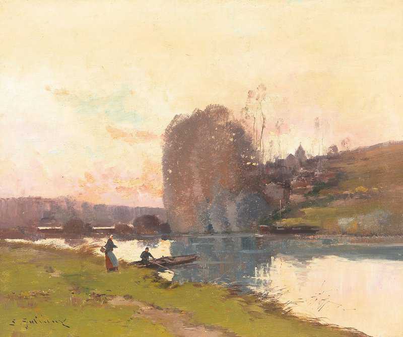 Tableaux sur toile, riproduzione de Galien Laloue Eugene Riva del fiume al tramonto con figure decorative