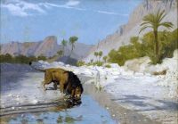 جيروم جان ليون أسد يشرب من تيار صحراوي كاليفورنيا. 1885
