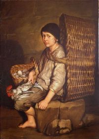 Giacomo Ceruti - Pitocchetto Errand Boy sentado con una canasta en la espalda Huevos y aves de corral