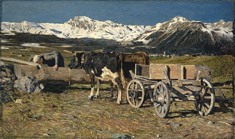 Tableaux sur toile, reproduction de Giovanni Segantini At The Watering Place Cows In The Yoke 1888