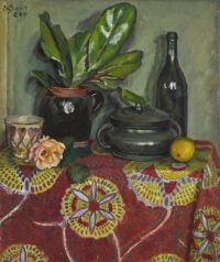 Grant Duncan Table Top Still Life With Bottle Pot And Plant 1965