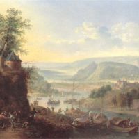 Griffier Robert Rheinish Landscape With Barges Unloading And Peasant Dancing On A Track