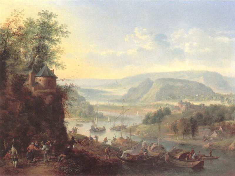 Griffier Robert Rheinish Landscape With Barges Unloading And Peasant Dancing On A Track canvas print