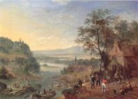 Griffier Robert Rheinish Landscape With Barges Unloading And Peasant Merrymaking Outside An Inn