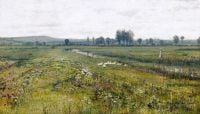 Grimshaw Arthur E An Extensive Meadow Landscape With Geese By A Stream 1892