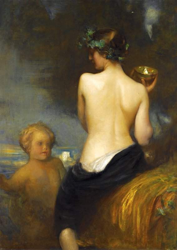 Hacker Arthur A Nude Bacchante With A Child Faun canvas print