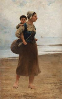 Hagborg August Fisherwoman With Child On A Beach