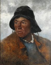 Hagborg August Porträt eines jungen Mannes mit Hut und Pelz