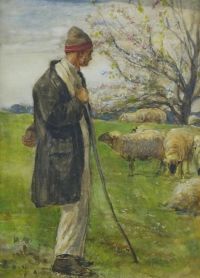 Hall Frederick Shepherd And Sheep In A Landscape With Blossom