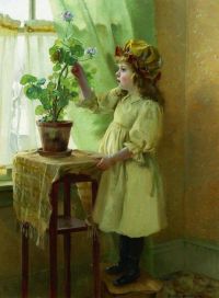 Hamilton junges Mädchen im Grün mit Pelargonien