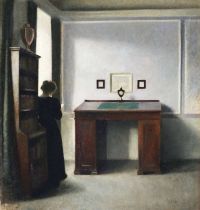 Hammershoi Vilhelm Ein Schreibtisch und eine junge Frau in einem Interieur 1900