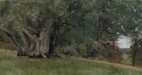 Hammerschoi Vilhelm aus Ermelunden. Auf der linken Seite einige große Bäume auf der rechten Seite ein Waldweg
