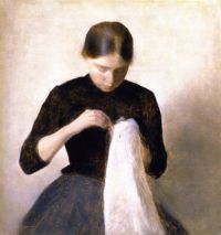 Hammershoi Vilhelm Young Girl Sewing. آنا هامرشوي الأخت الفنانة 1887