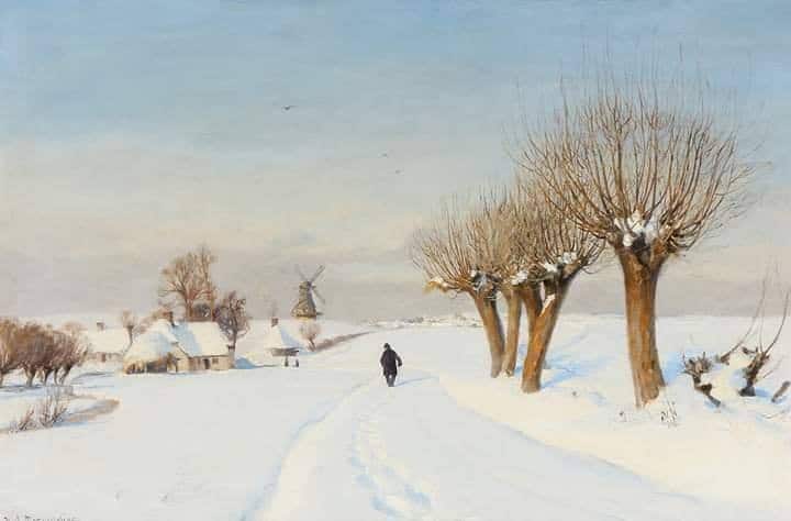 Tableaux sur toile, reproduction de Hans Andersen Brendekilde A Snowcovered Landscape With A Man Walking Along A Country Road Edged