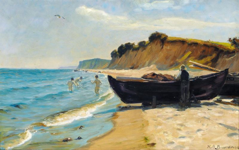 Hans Andersen Brendekilde Summer Day At The Beach With Boys Bathing And A Fisherman At His Boat canvas print