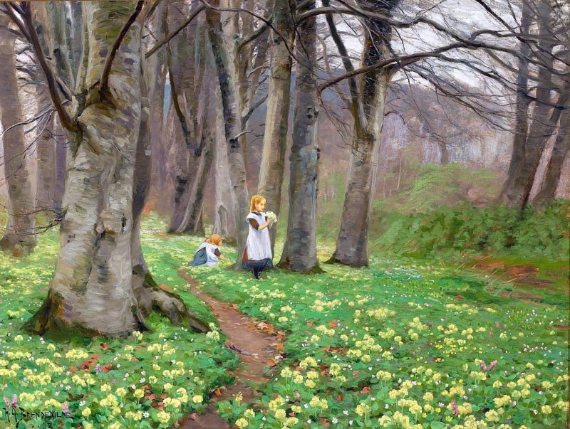 Hans Andersen Brendekilde Two Girls Picking Flowers In A Forest In Springtime canvas print