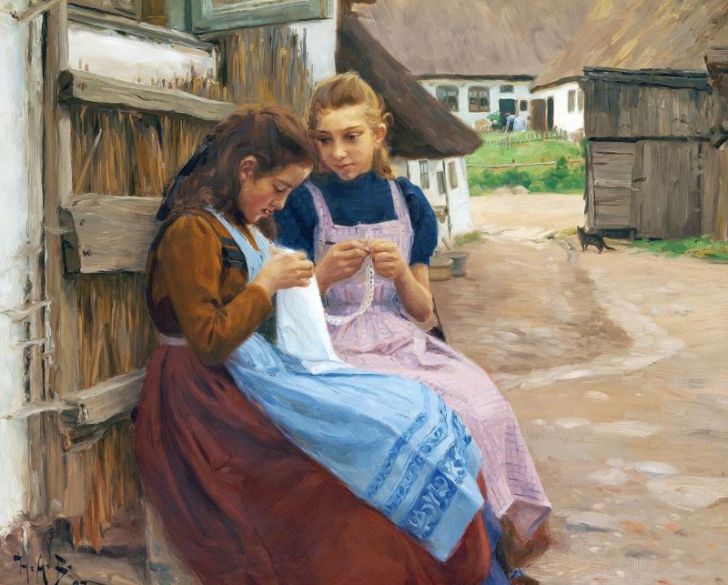 Hans Andersen Brendekilde Two Girls With Needle-work Sitting In A Farm Yard canvas print